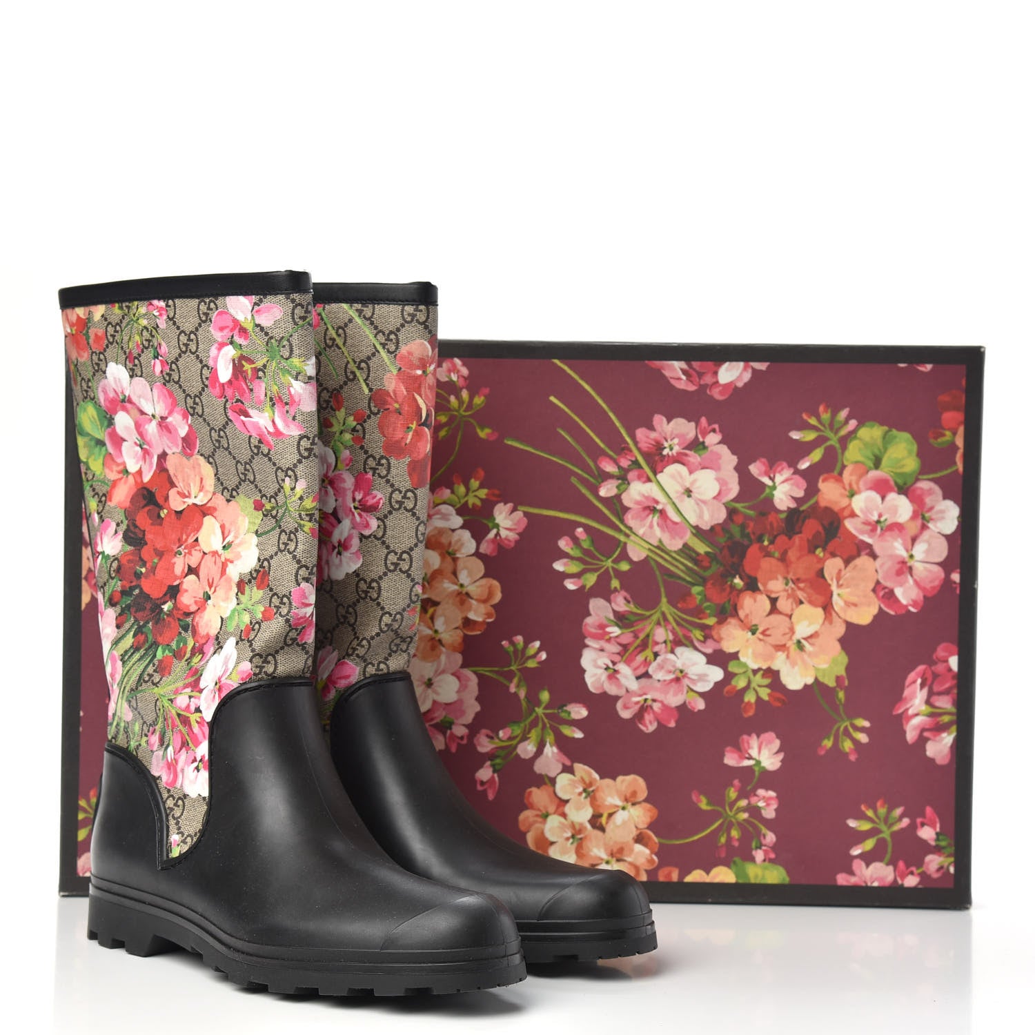 Gucci GG Supreme Monogram Blooms Flat Rubber Boots 40 Beige Multicolor 7 of 7