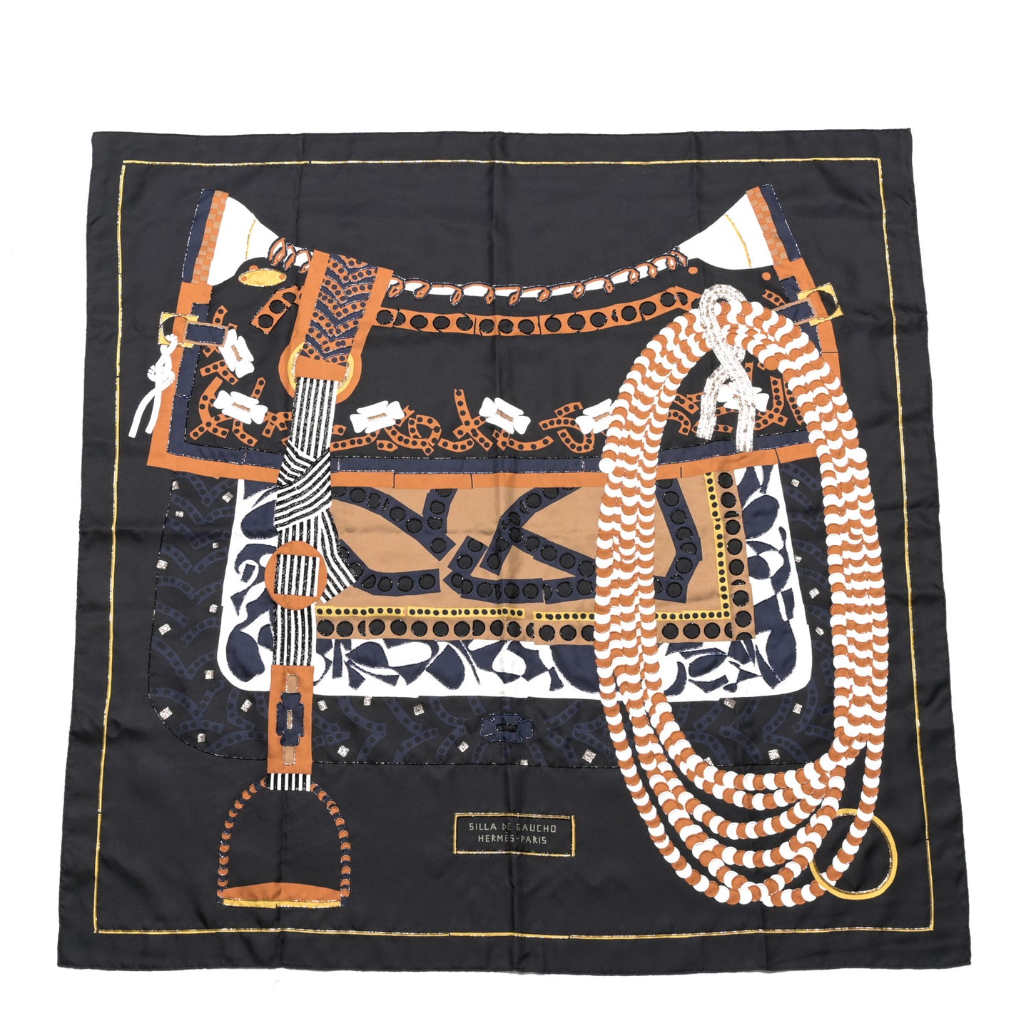 Silk Embroidered Silla De Gaucho Scarf 90 Black Marron White