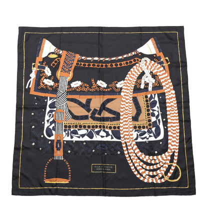 Hermes Silk Embroidered Silla De Gaucho Scarf 90 Black Marron White 1 of 3
