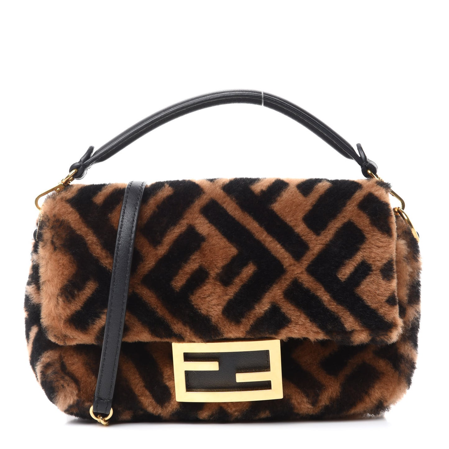 Shearling Vitello Dolce Macro FF 1974 Mini Baguette Tobacco Black
