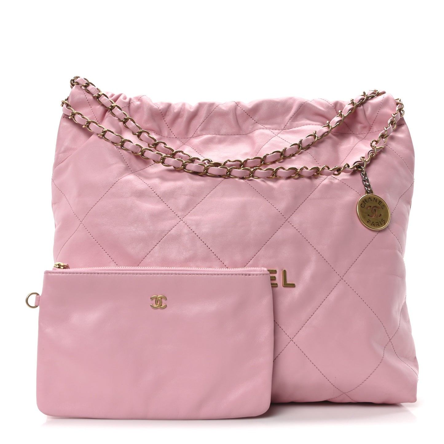 Shiny Calfskin Quilted Chanel 22 Drawstring Bag Pink