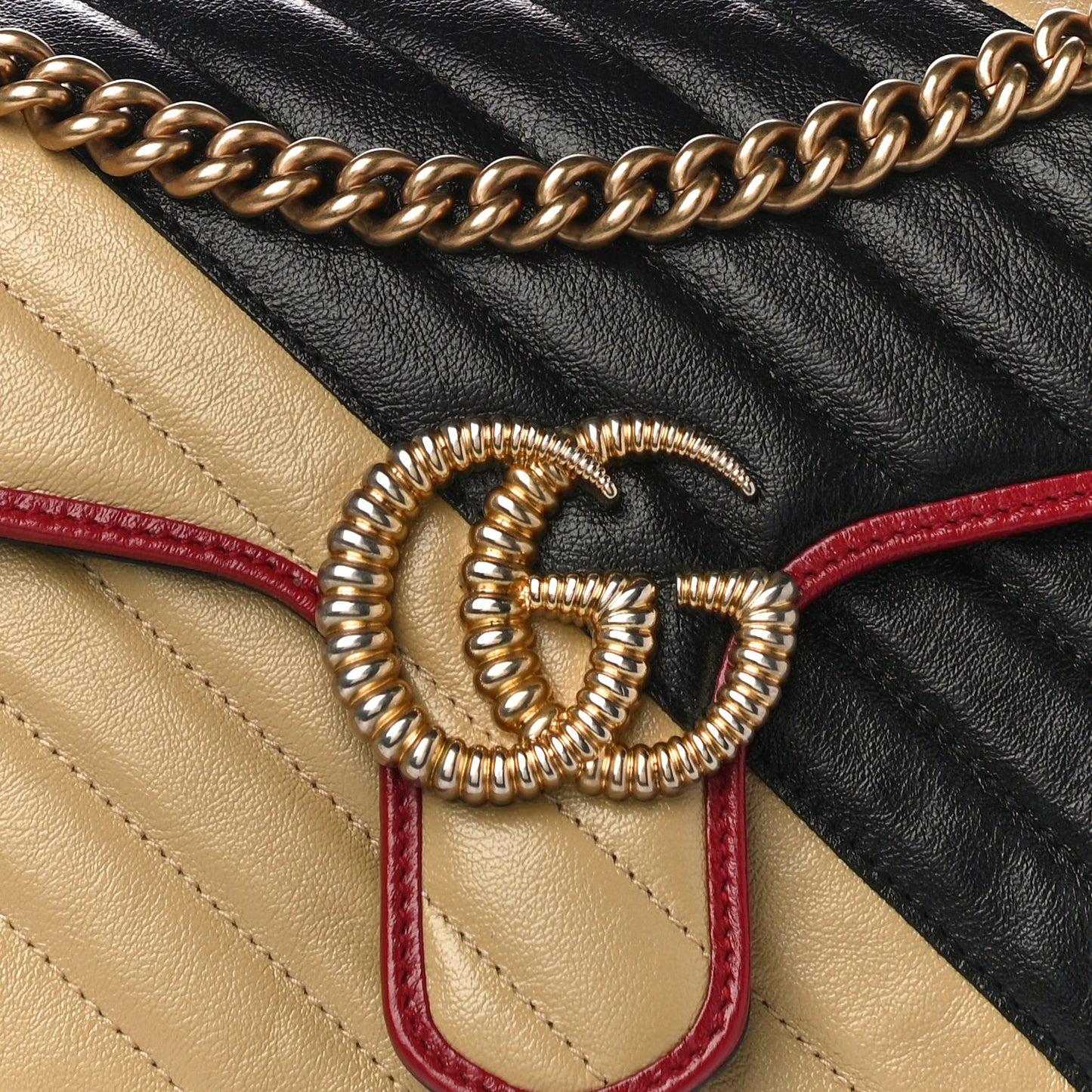 Vintage Effect Calfskin Matelasse Diagonal Striped Small Torchon GG Marmont Shoulder Bag Black Beige