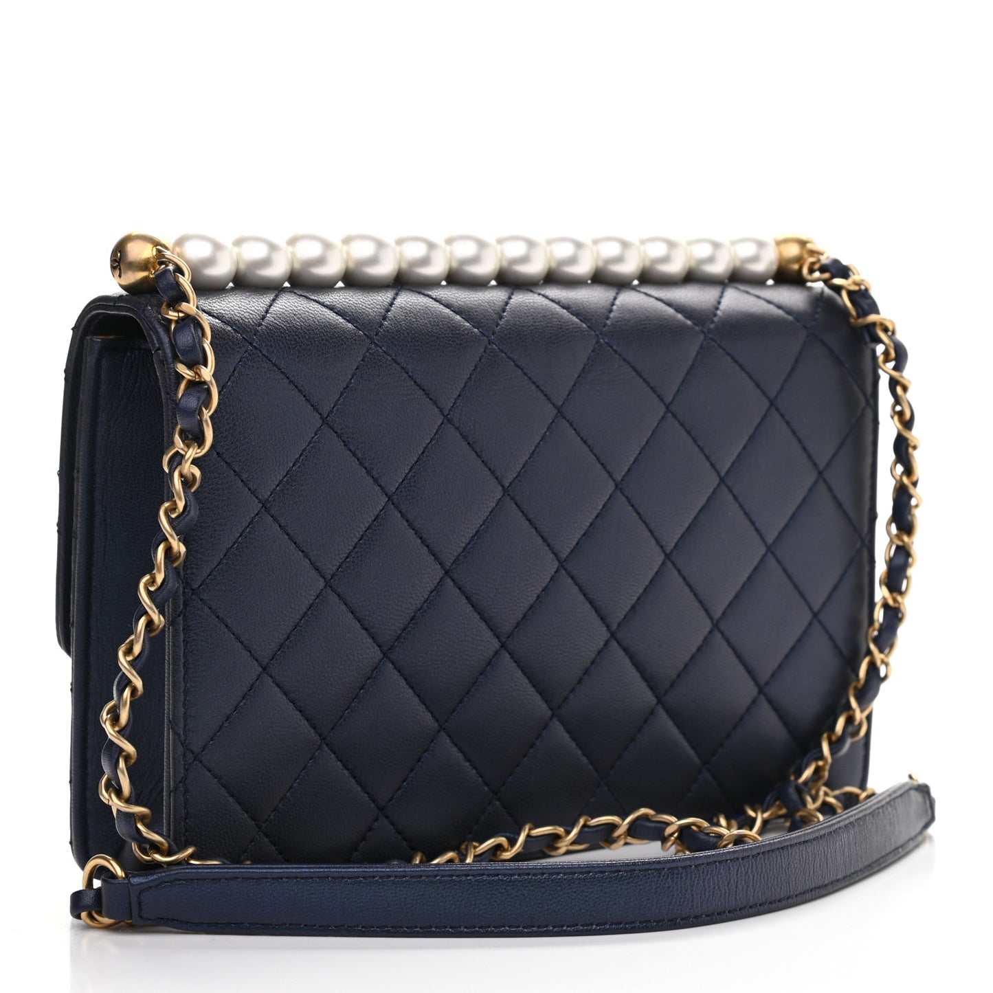 Iridescent Lambskin Quilted Small Chic Pearls Flap Blue