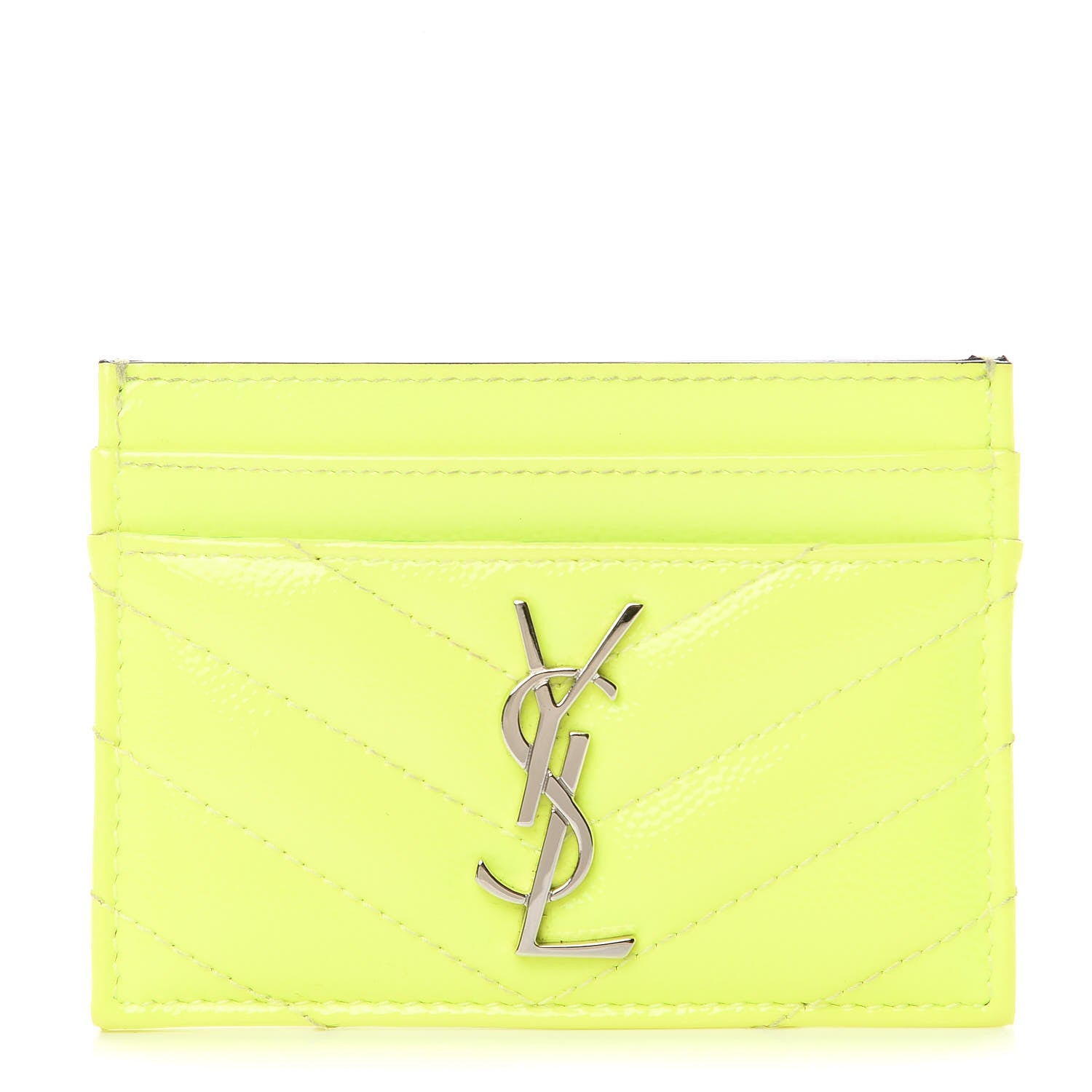 Saint Laurent Patent Grain De Poudre Matelasse Chevron Monogram Credit Card Case Neon Yellow 1 of 7