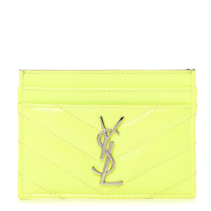Saint Laurent Patent Grain De Poudre Matelasse Chevron Monogram Credit Card Case Neon Yellow 1 of 7