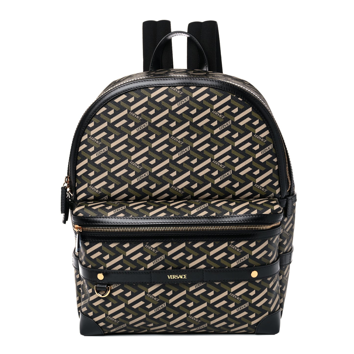 Coated Canvas Calfskin La Greca Signature Backpack Black Khaki