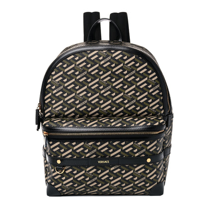 Versace Coated Canvas Calfskin La Greca Signature Backpack Black Khaki 1 of 9