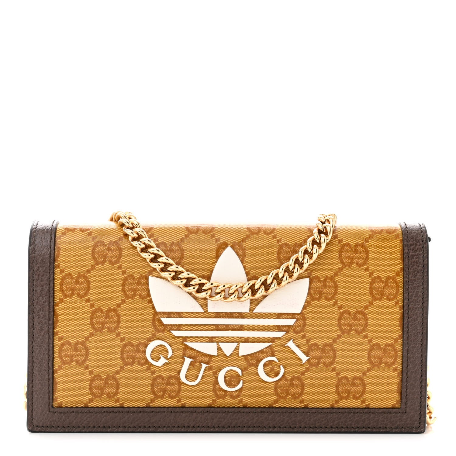 Gucci X ADIDAS Monogram Trefoil Embossed Wallet On Chain Brown 1 of 10
