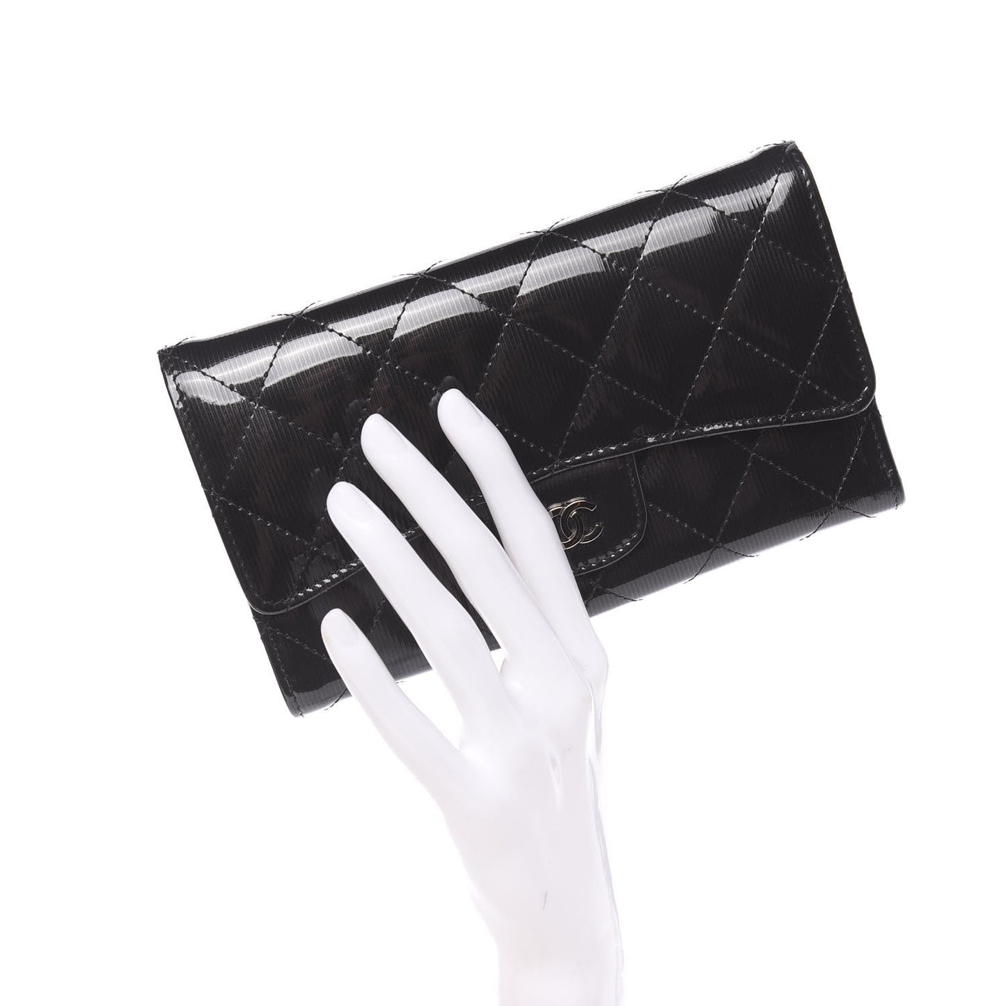 Patent Striped Quilted Large Flap Wallet Black