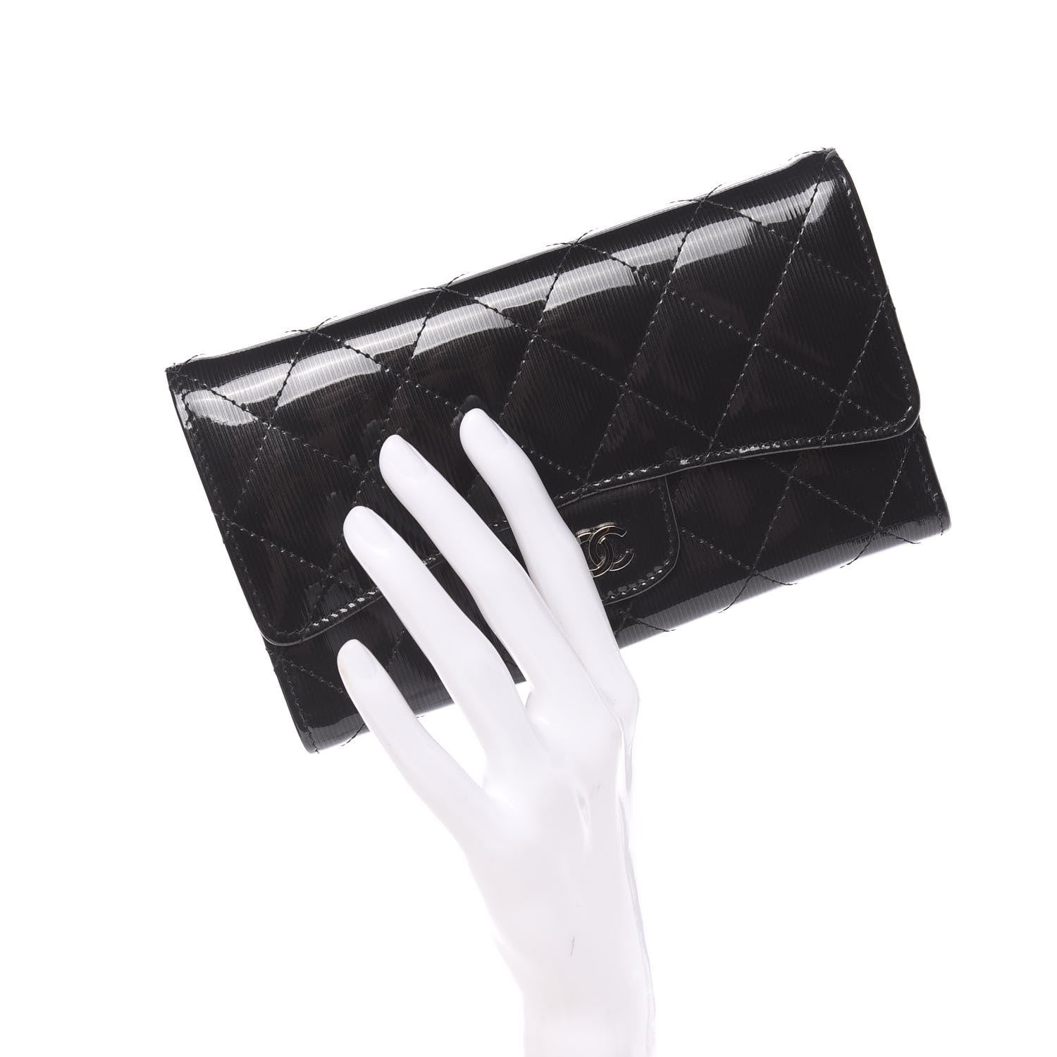 Chanel Patent Striped Quilted Large Flap Wallet Black 2 of 9
