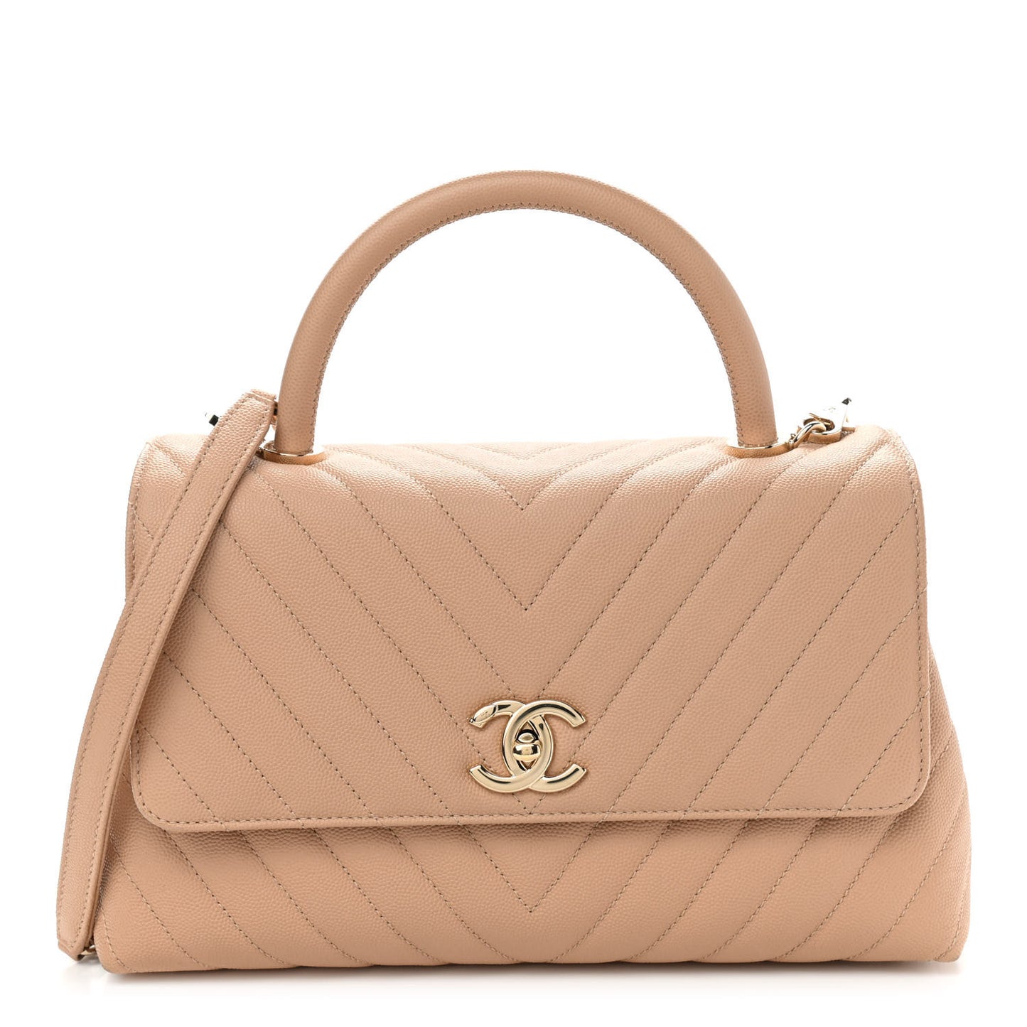 Caviar Chevron Quilted Small Coco Handle Flap Beige