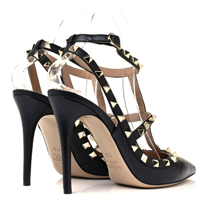 Valentino Garavani Pebbled Calfskin Rockstud Ankle Strap Pumps 37.5 Black 4 of 8