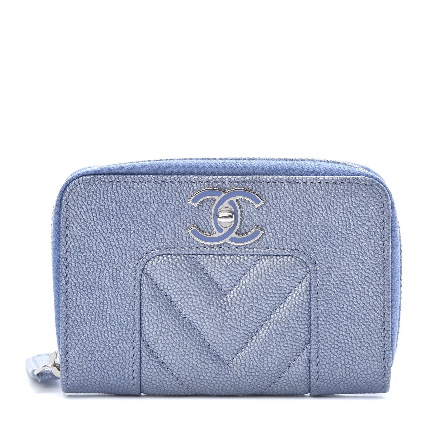 Metallic Caviar Chevron Quilted Vintage Mademoiselle Zip Coin Purse Light Blue