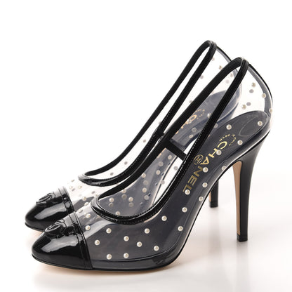Chanel PVC Patent Calfskin Pearl Cap Toe Pumps 37 Transparent Black 3 of 9