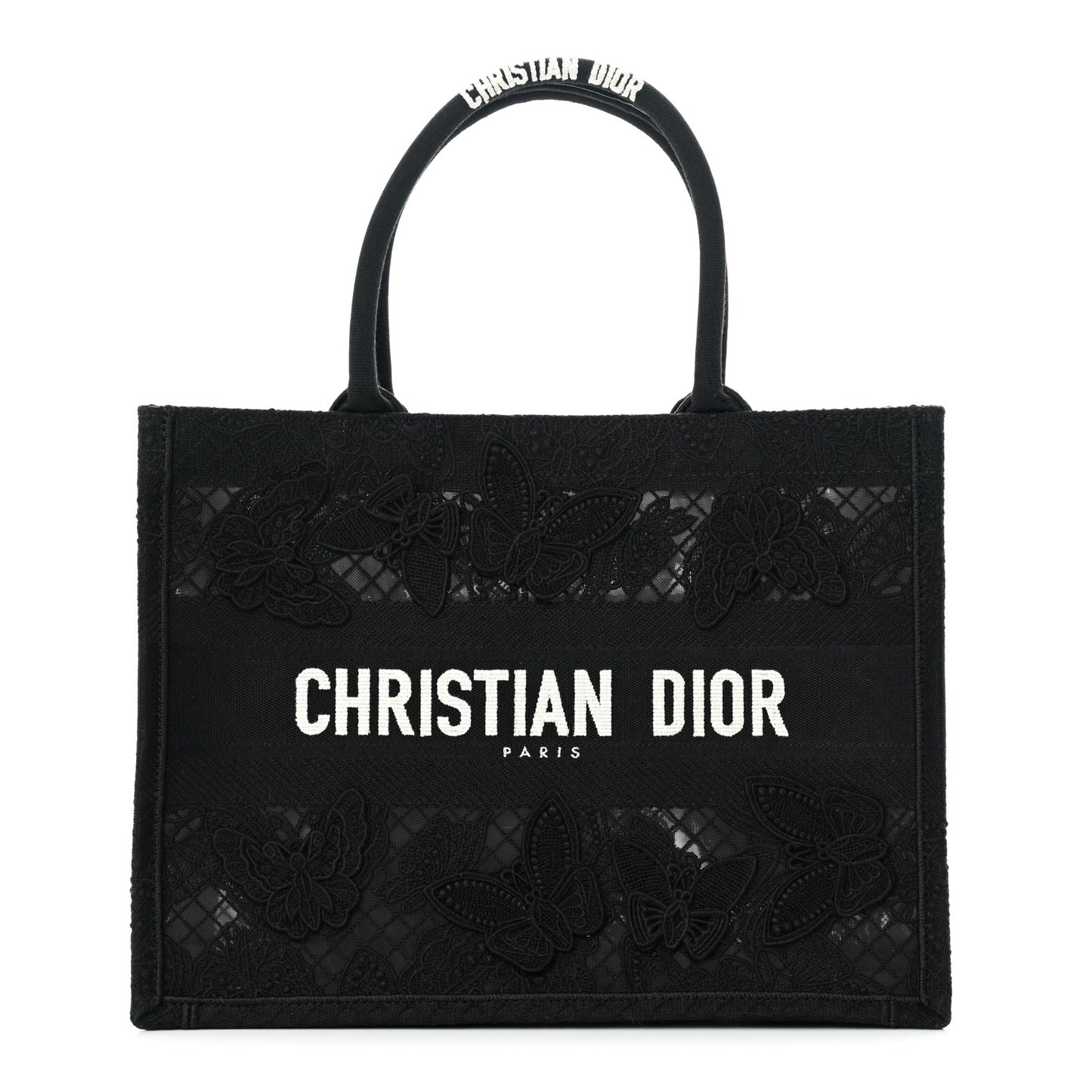 Embroidered 3D Macrame D-Lace Butterfly Medium Book Tote Black Multicolor
