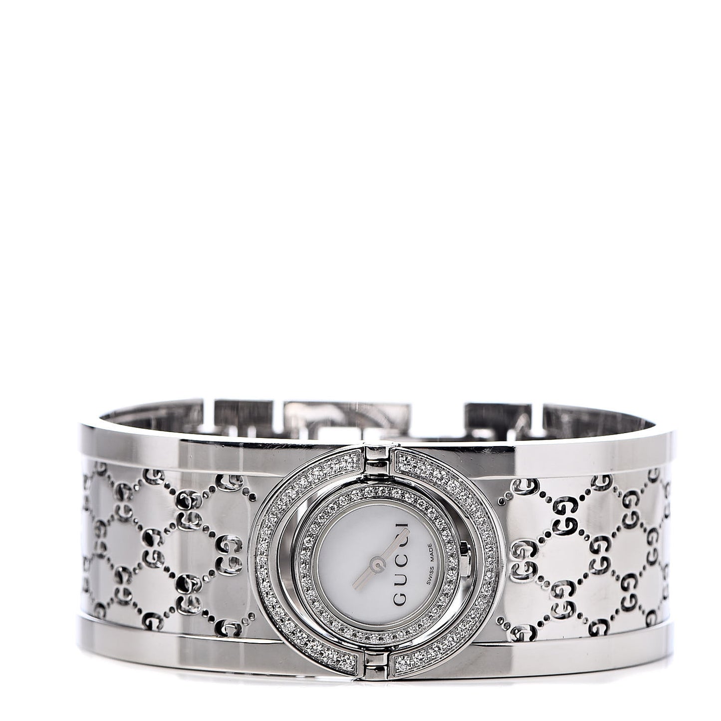 Stainless Steel Diamond Pave Bezel Mother of Pearl 23mm Twirl Quartz Watch