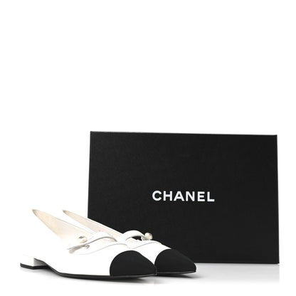 Chanel Shiny Lambskin Grosgrain Pearl Mary Janes Flats 37.5 White Black 10 of 10
