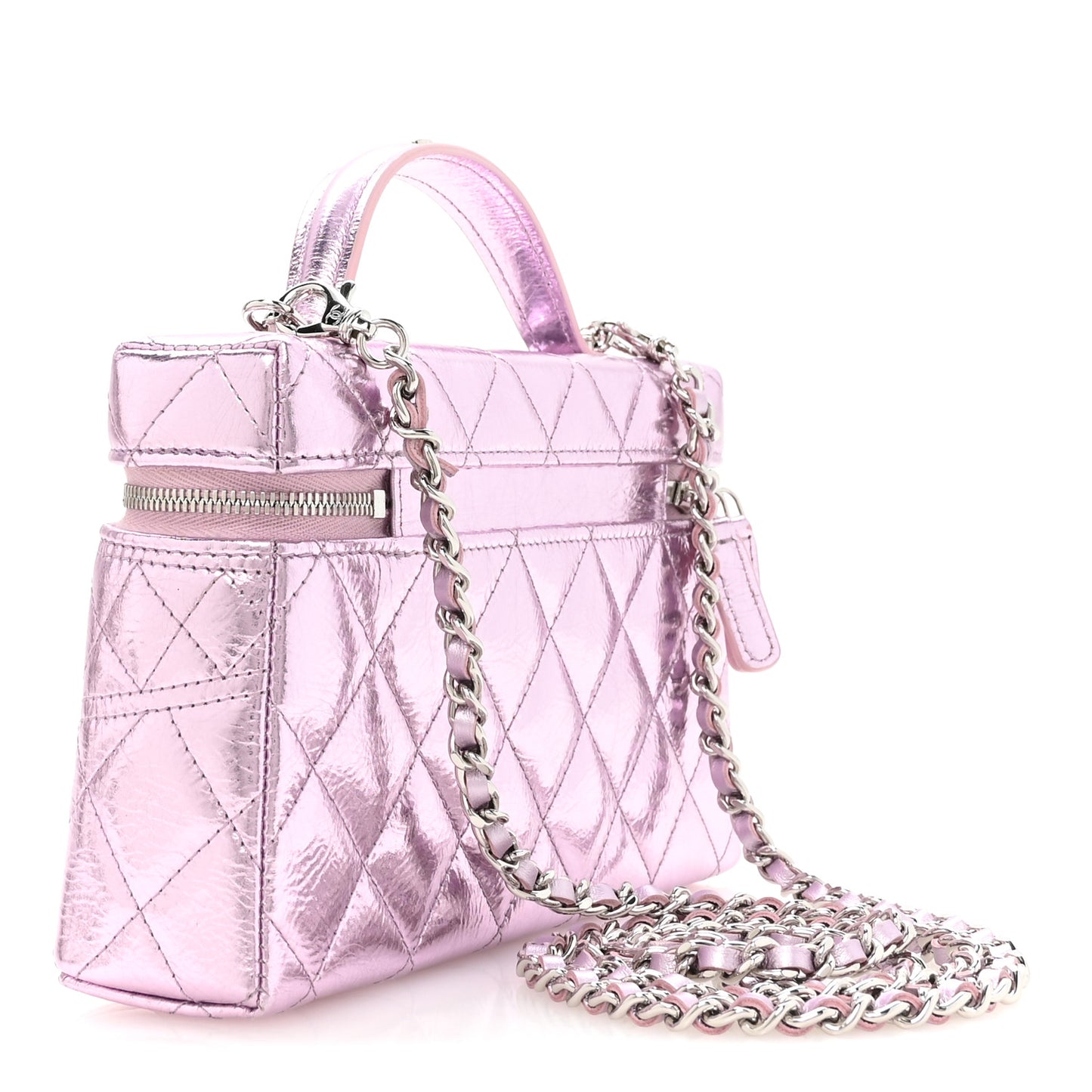 Metallic Calfskin Quilted Slim Vanity With Chain Pink