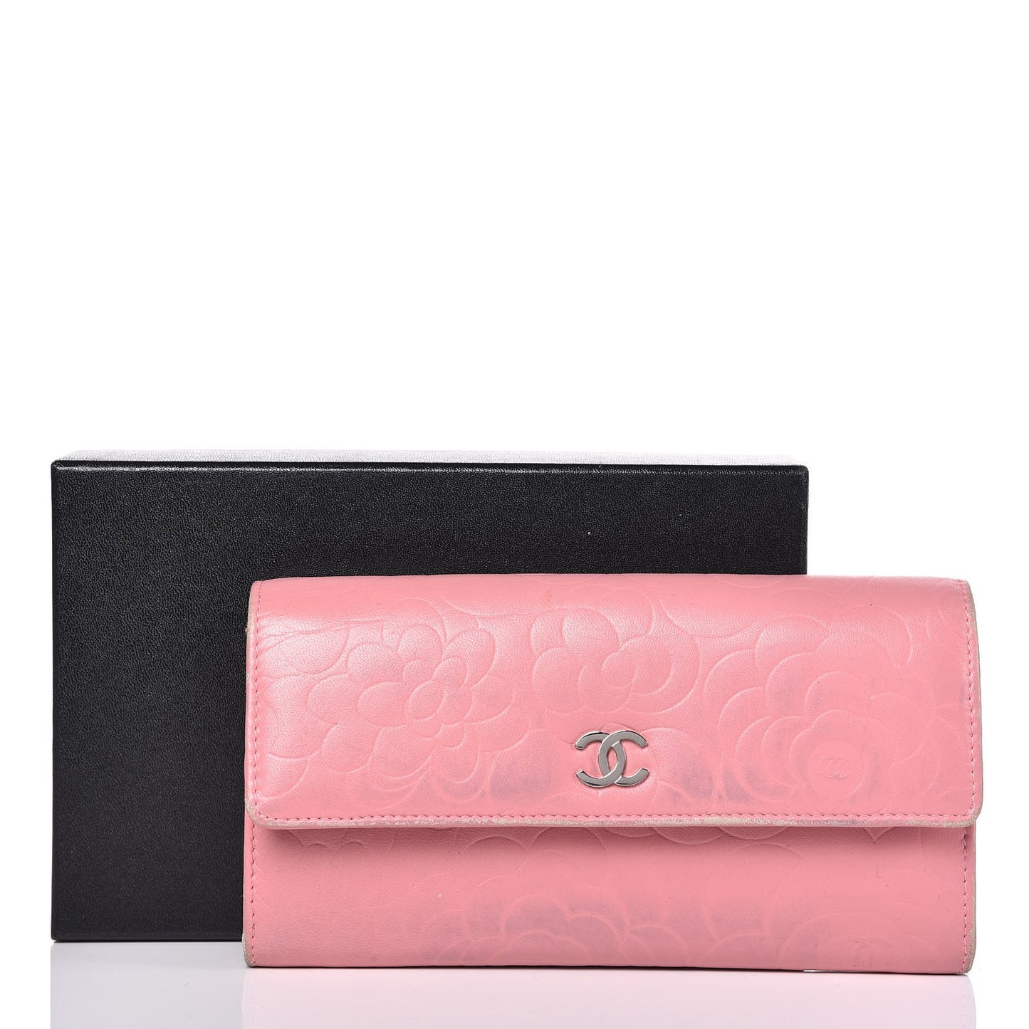 Lambskin Embossed Camellia Large Gusset Flap Wallet Pink