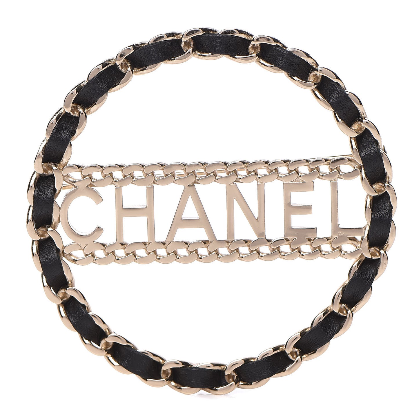 Lambskin Chain Logo Brooch Black Gold