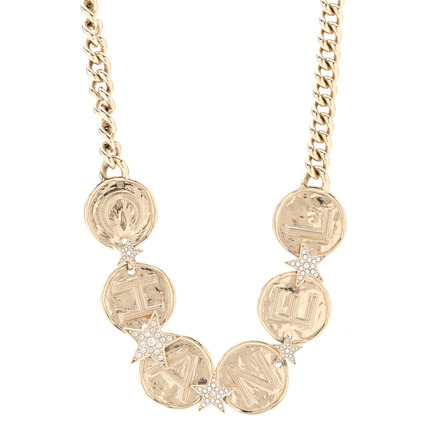 Metal Crystal Textured CC Logo Star Chain Choker Necklace Gold