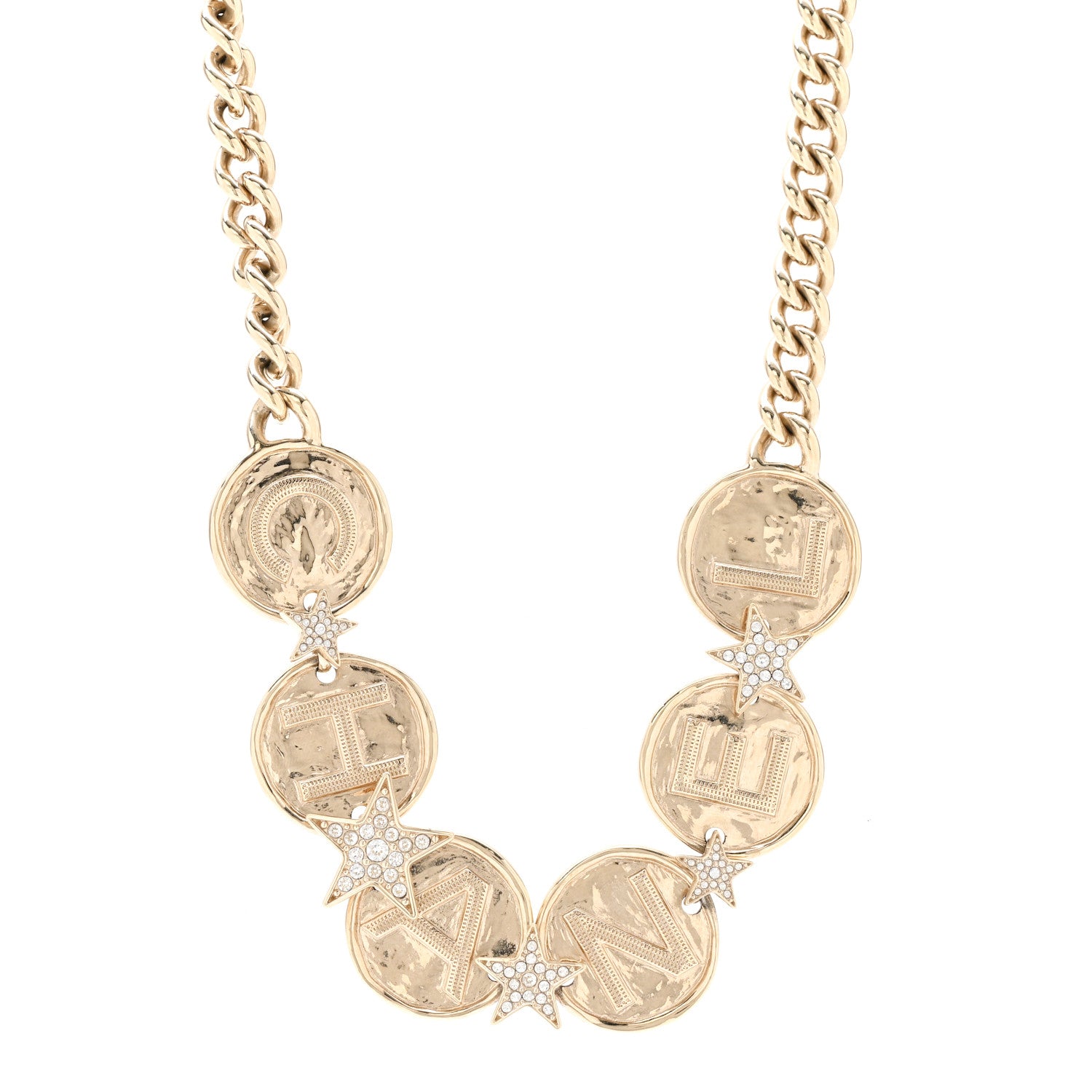 Chanel Metal Crystal Textured CC Logo Star Chain Choker Necklace Gold 1 of 5