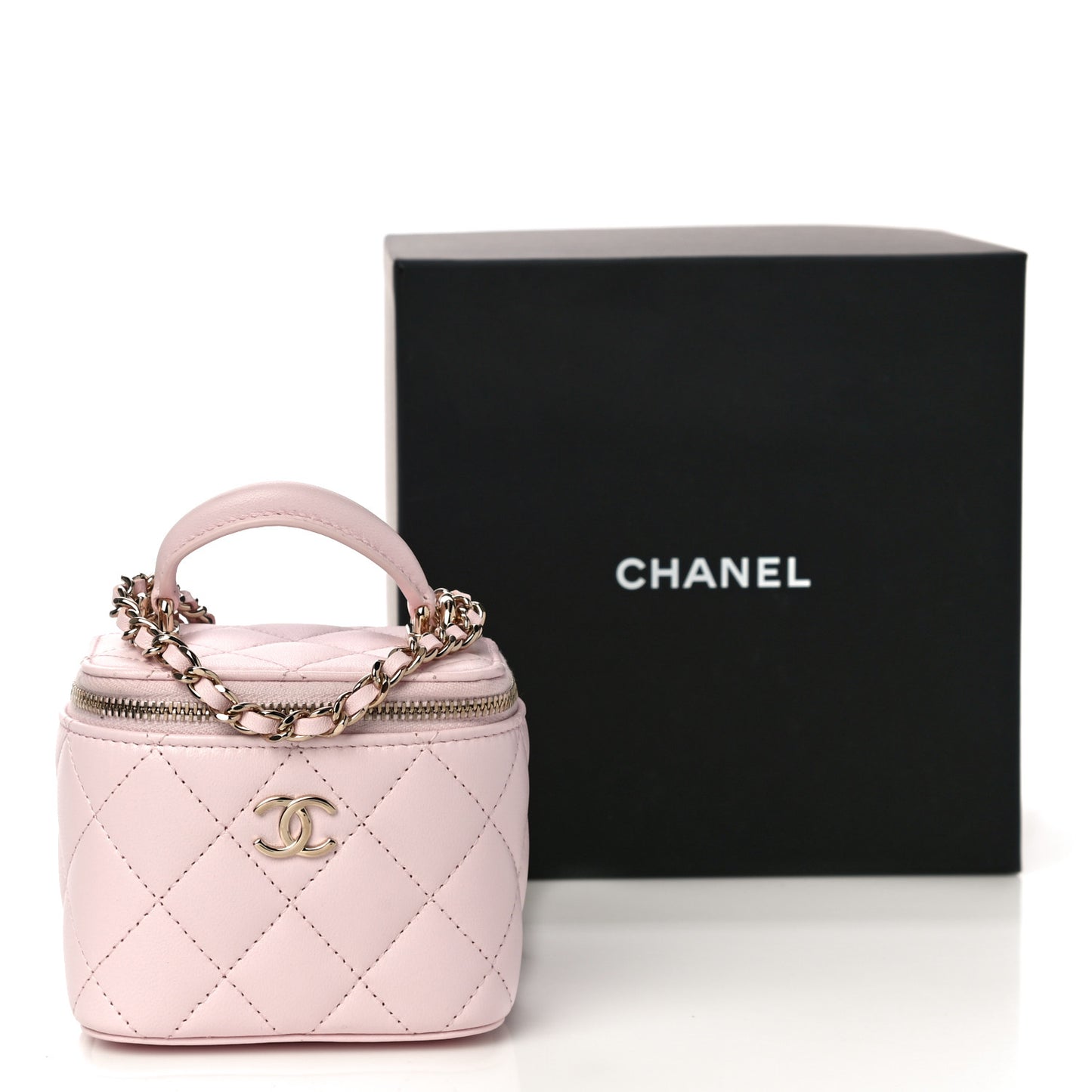 Lambskin Quilted Mini Top Handle Vanity Case With Chain Light Pink