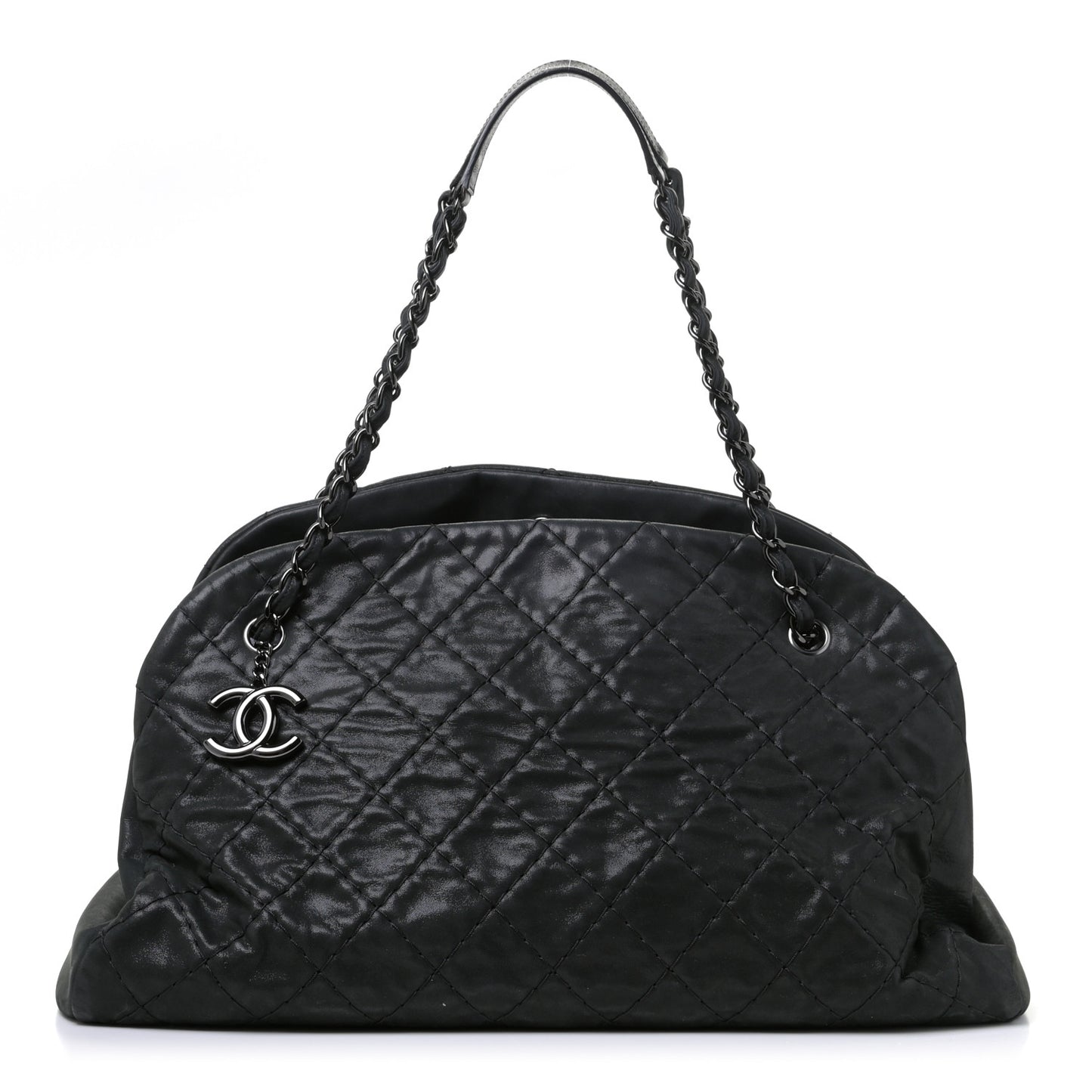 Iridescent Calfskin Large Just Mademoiselle Bowling Bag Black