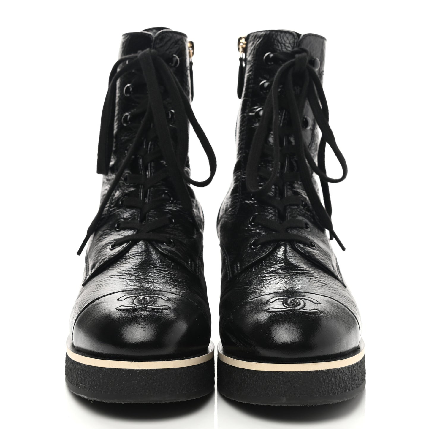 Shiny Crumpled Lambskin Lace Up Combat Boots 40 Black