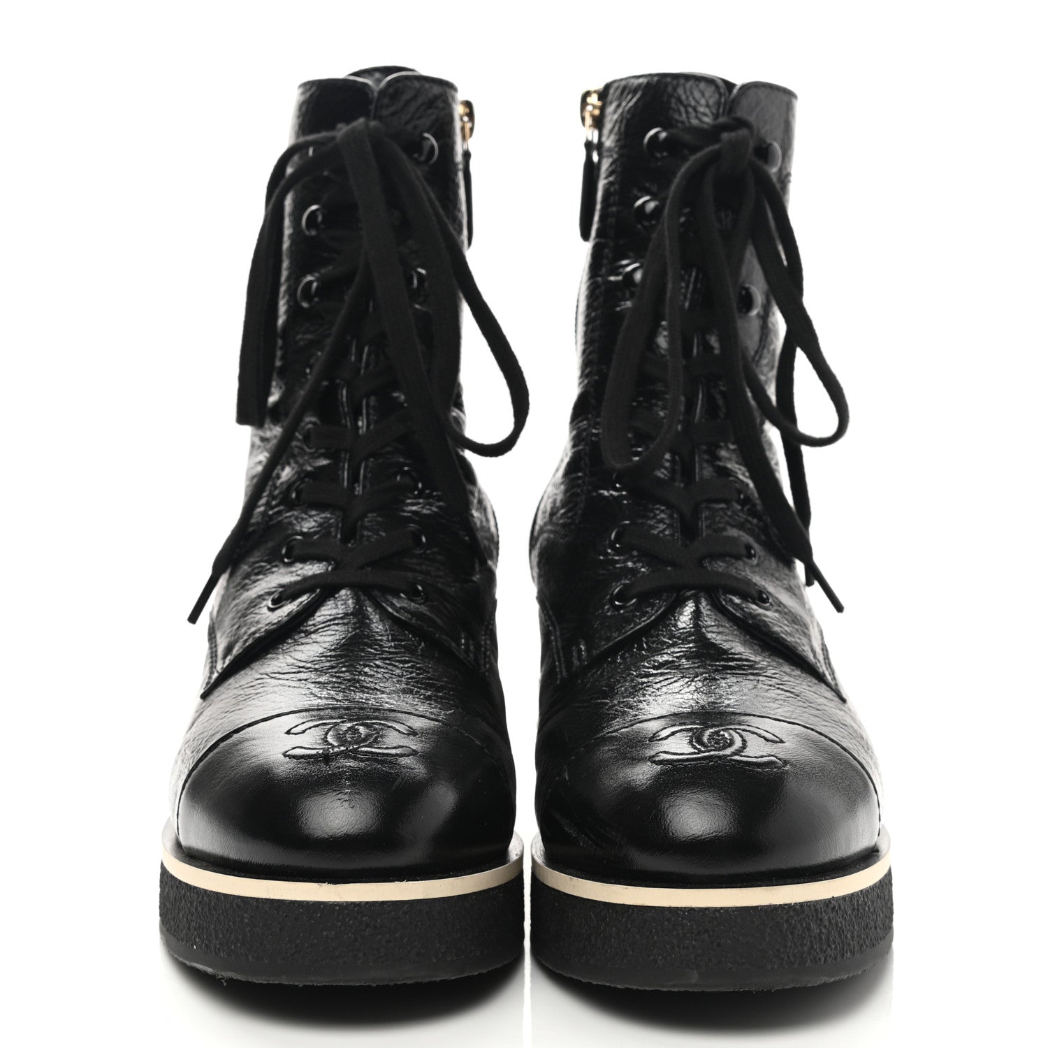 Chanel Shiny Crumpled Lambskin Lace Up Combat Boots 40 Black 2 of 9
