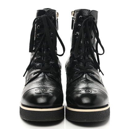 Chanel Shiny Crumpled Lambskin Lace Up Combat Boots 40 Black 2 of 9