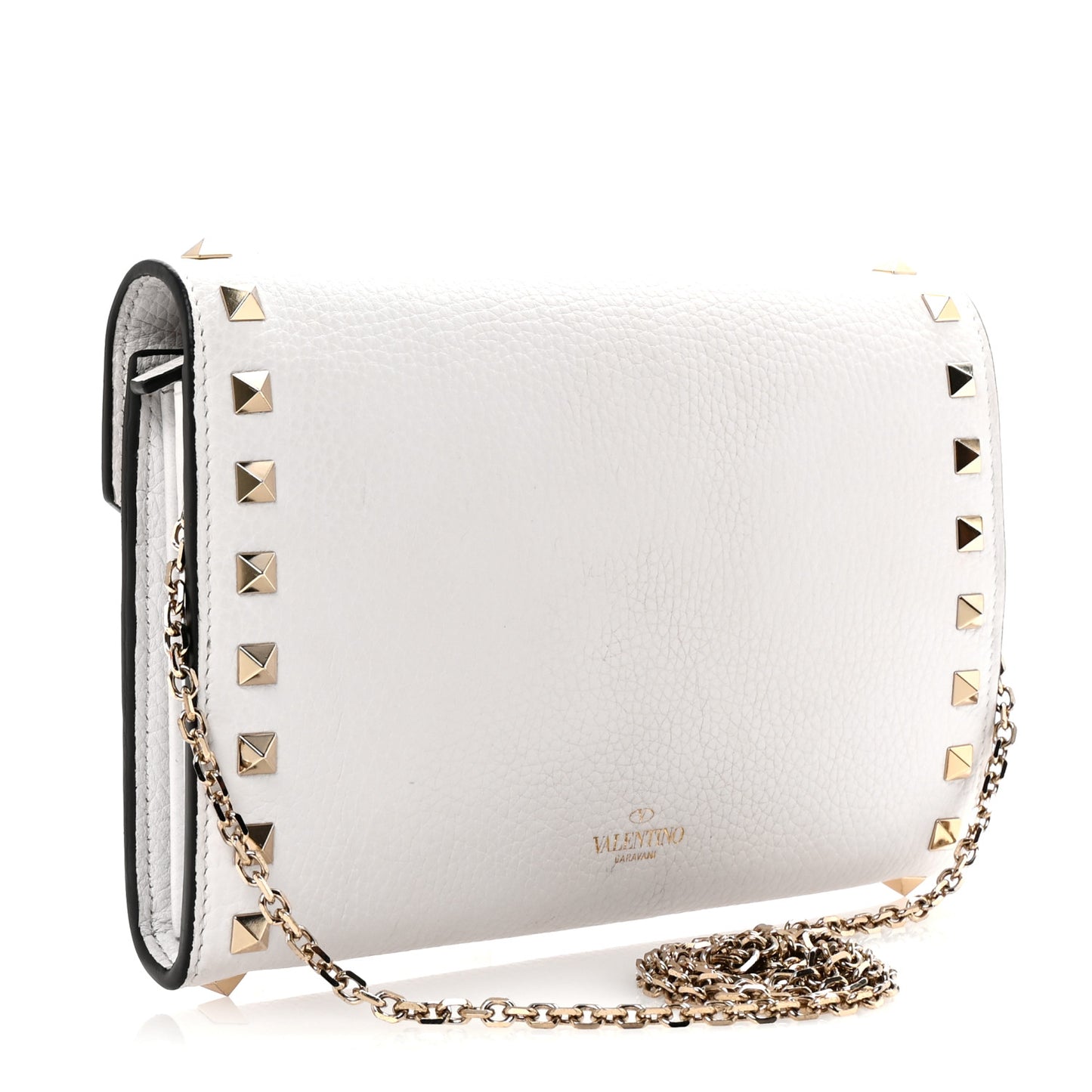 Pebbled Calfskin Rockstud Envelope Wallet on Chain White