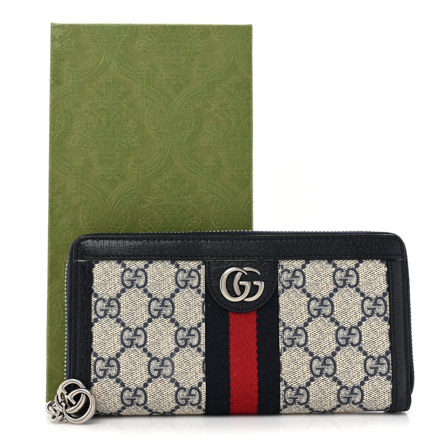 Gucci GG Supreme Monogram Textured Dollar Calfskin Web Ophidia Zip Around Wallet Beige Blue 13 of 13