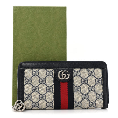 Gucci GG Supreme Monogram Textured Dollar Calfskin Web Ophidia Zip Around Wallet Beige Blue 13 of 13