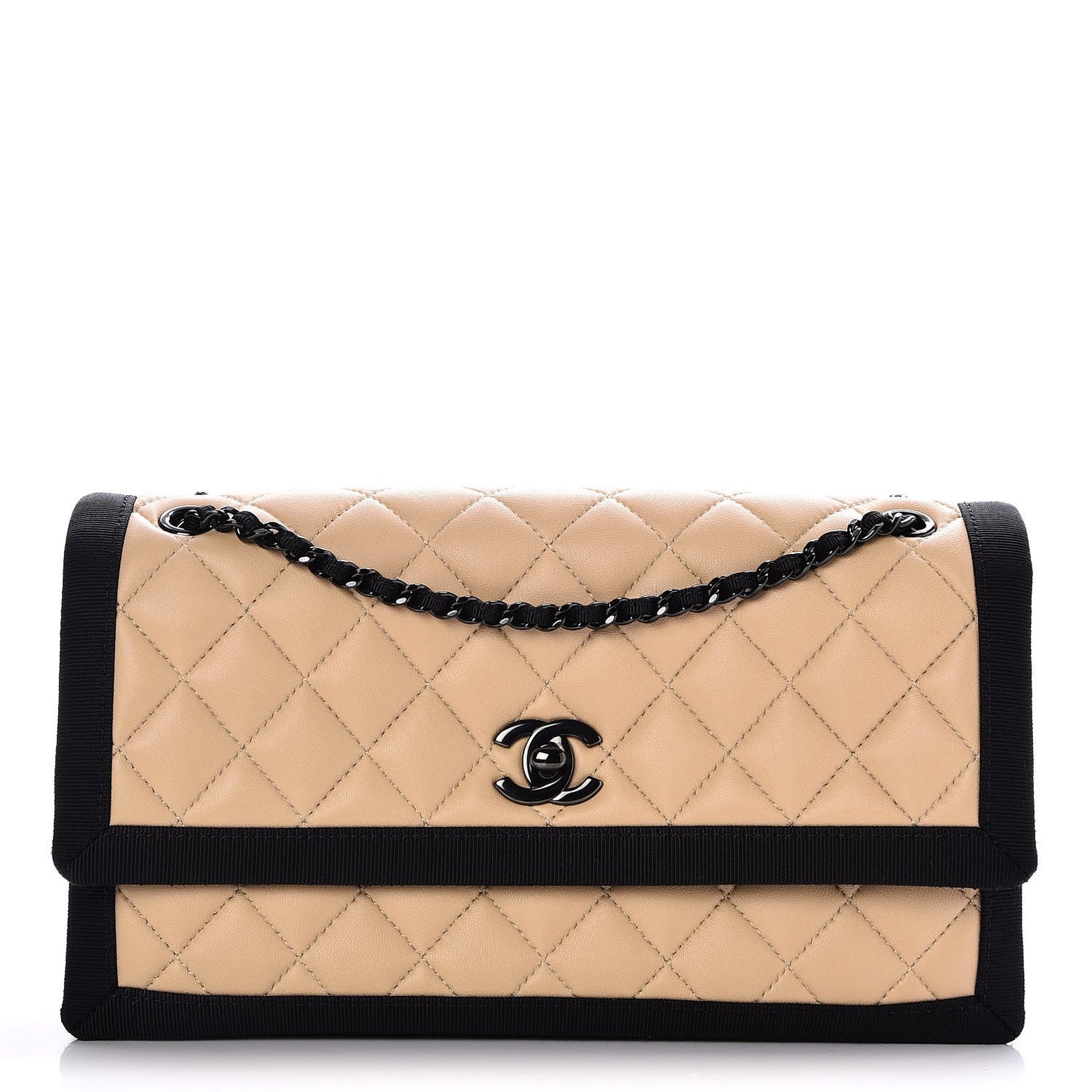 Lambskin Grosgrain Quilted Flap Beige Black