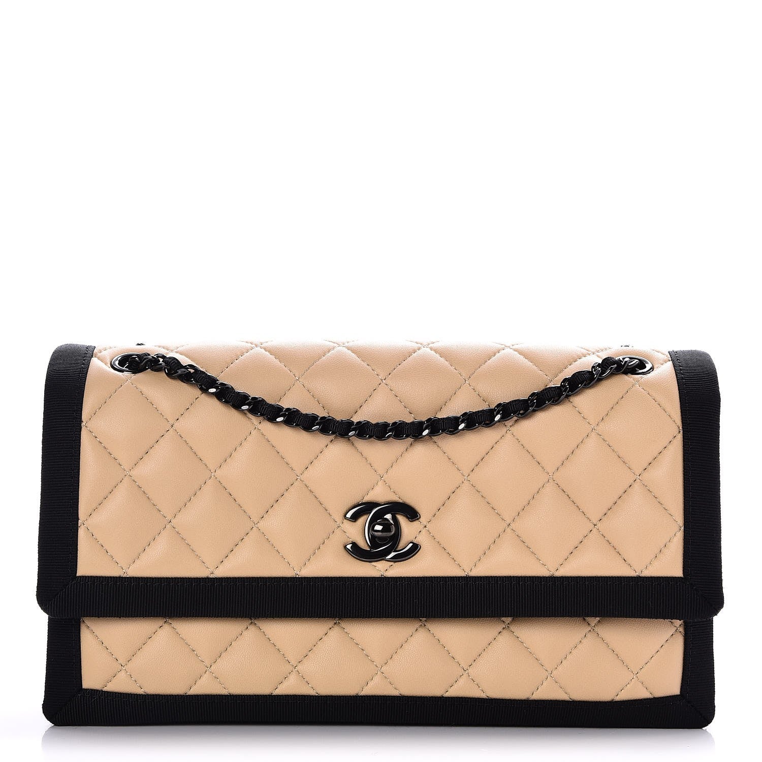 Chanel Lambskin Grosgrain Quilted Flap Beige Black 1 of 10