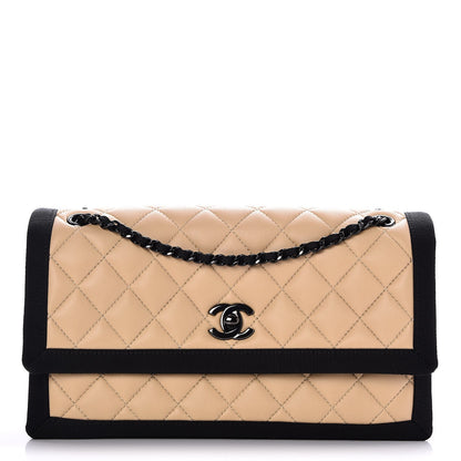 Chanel Lambskin Grosgrain Quilted Flap Beige Black 1 of 10
