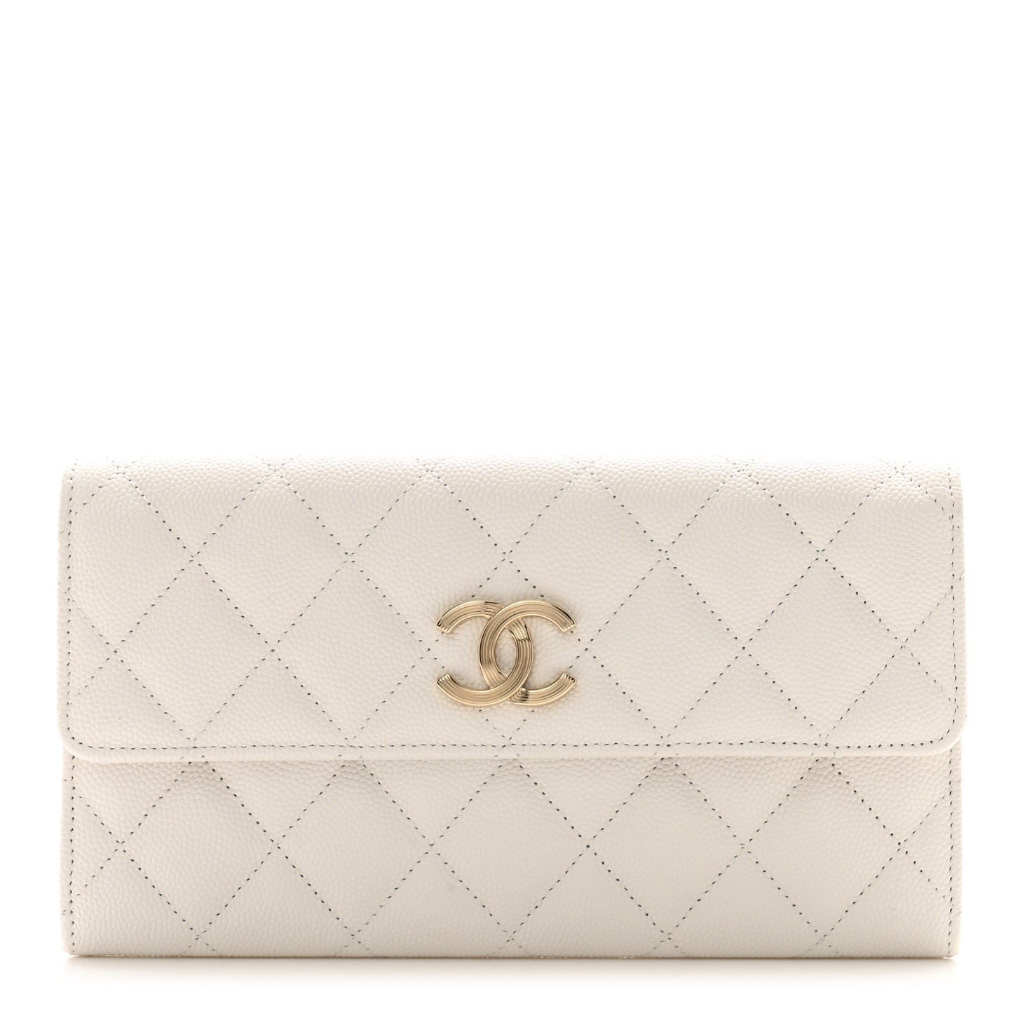 Caviar Quilted Striated CC Large Gusset Flap Wallet White