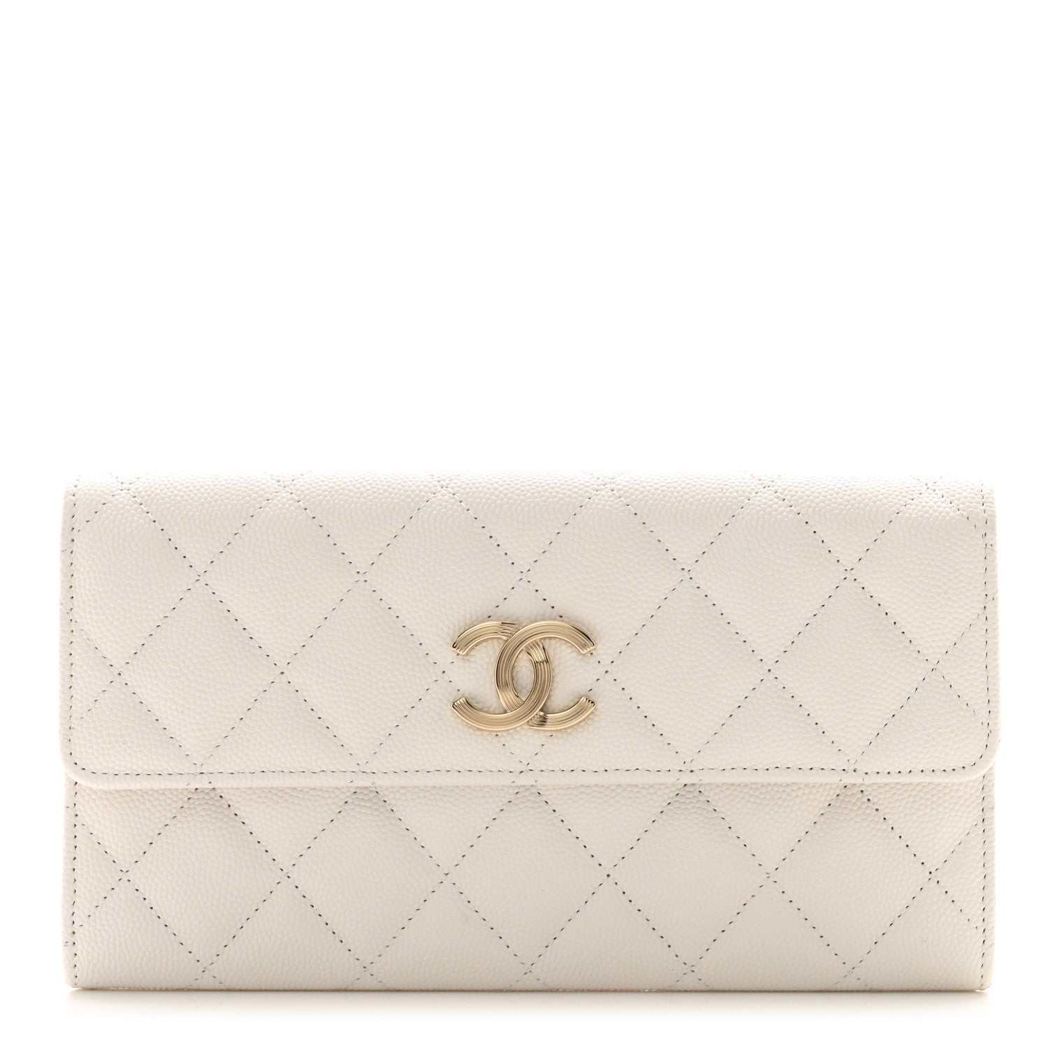 Chanel Caviar Quilted Striated CC Large Gusset Flap Wallet White 1 of 9