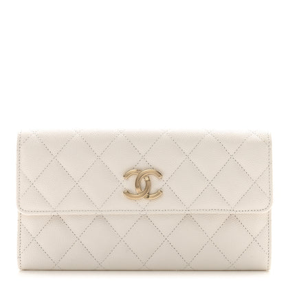 Chanel Caviar Quilted Striated CC Large Gusset Flap Wallet White 1 of 9