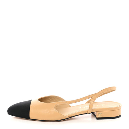 Chanel Goatskin Grosgrain Cap Toe CC Slingback Sandals 38.5 Beige Black 1 of 10