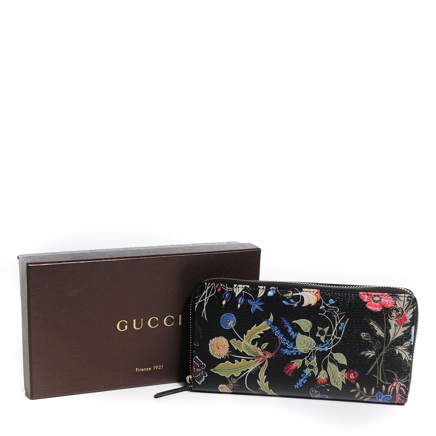 Shangai Calfskin Flora Knight Zip Around Wallet Black