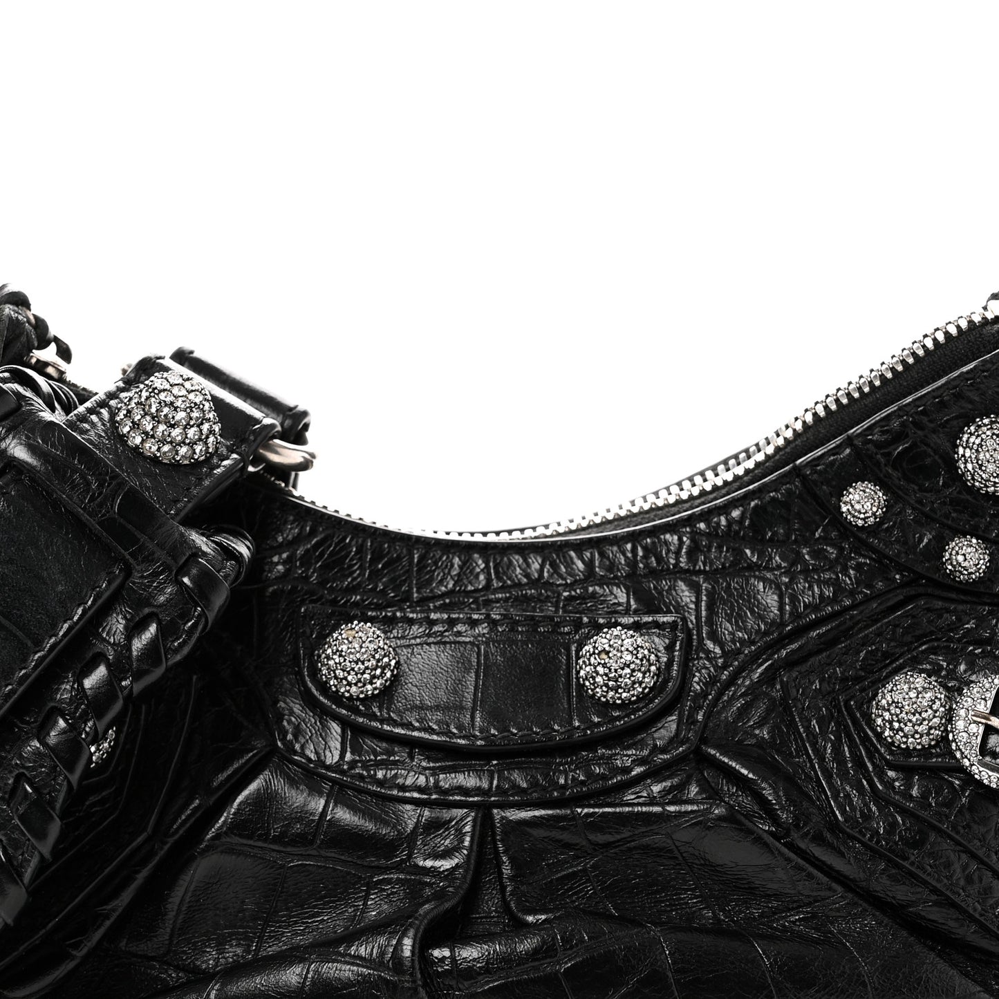 Extra Supple Calfskin Crystal Crocodile Embossed Le Cagole Shoulder Bag XS Black