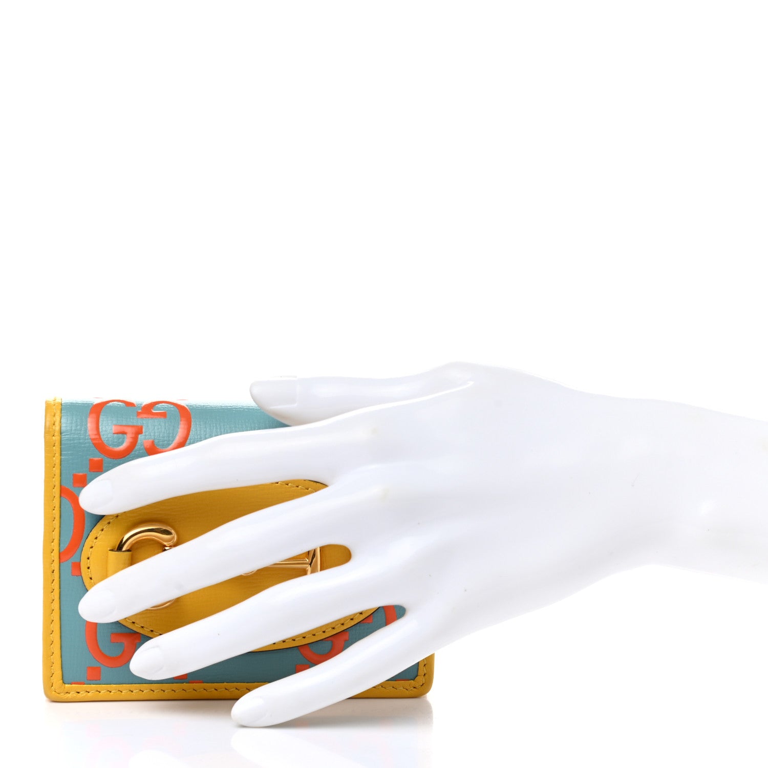 Gucci Azalea Calfskin GG Monogram Bi-Color Debossed Horsebit 1955 Card Case Wallet Dusty Azure Stone Topaz Deep Orange 2 of 8