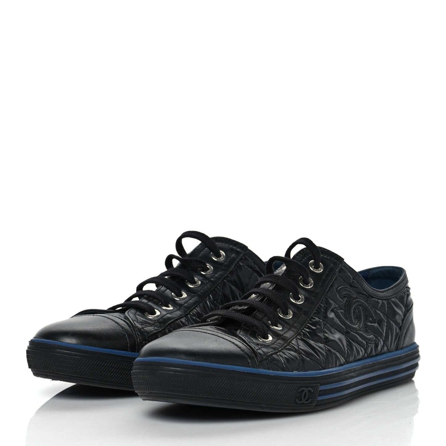 Nylon Calfskin Quilted CC Sneakers 37 Black Blue