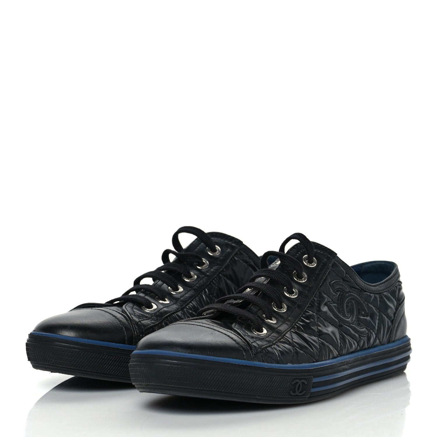 Chanel Nylon Calfskin Quilted CC Sneakers 37 Black Blue 3 of 7