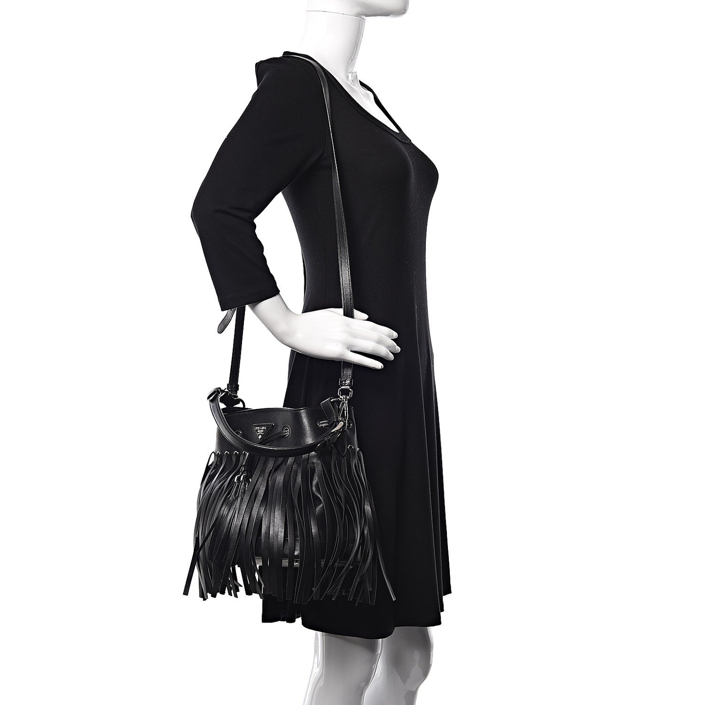 Soft Calfskin Fringe Bucket Bag Black