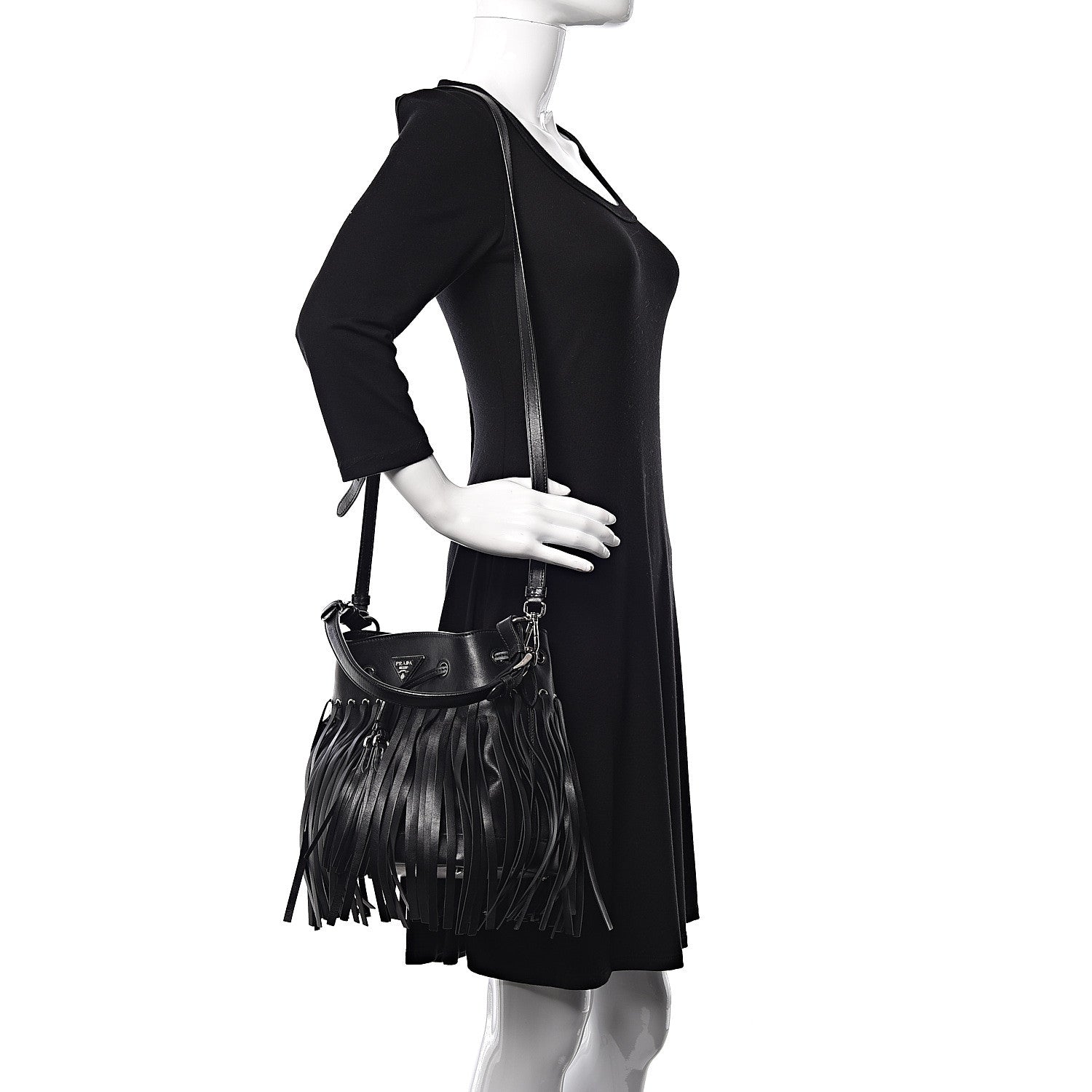 Prada Soft Calfskin Fringe Bucket Bag Black 2 of 15