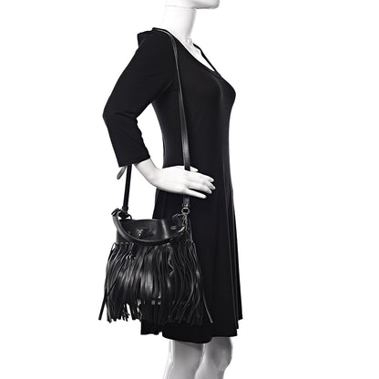 Prada Soft Calfskin Fringe Bucket Bag Black 2 of 15