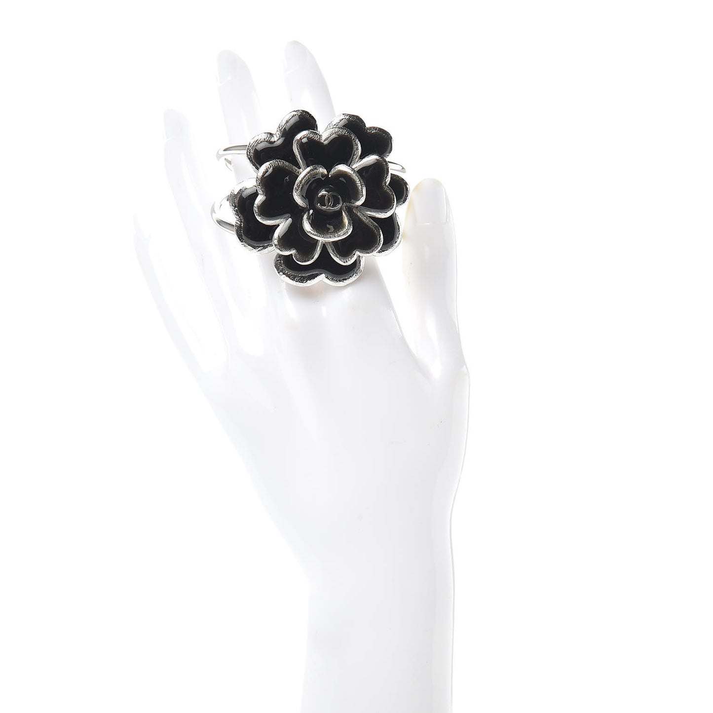 Ruthenium Enamel Camellia Cuff Bracelet Black
